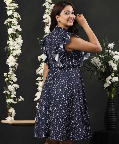 Round Neck Frilled Printed Dress